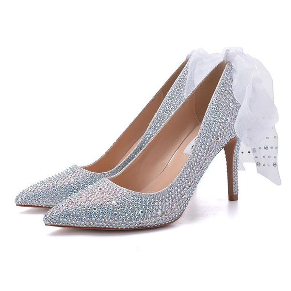 

dress shoes thin high heels women pumps sequined cloth slip on 7cm 9cm pointed toe shallow rhinestones bling butterfly-knot, Black
