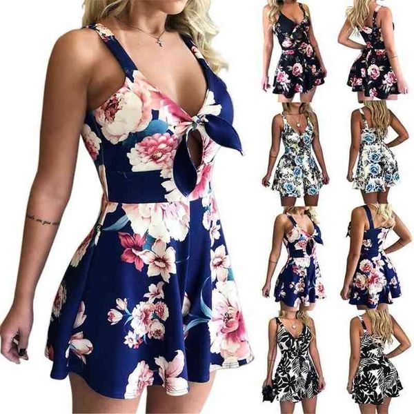 Ärmelloser rückenfreier böhmischer Strandspielanzug Femaler Print Floral Overalls Casual Short Summe Jumpsuit Frauen Sexy Mini Playsuit 210507