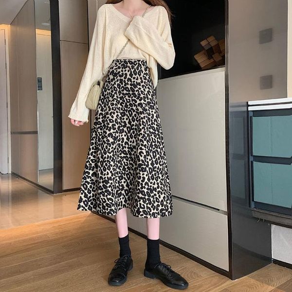 

skirts spring and summer korean version of the high-waisted thin mid-length a-line fashion leopard skirt women's long chic, Black