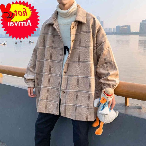 

jacket autumn men's fashion retro casual tartan woolen coat man streetwear wild loose male jackets men outwear m-2xl, Black;brown