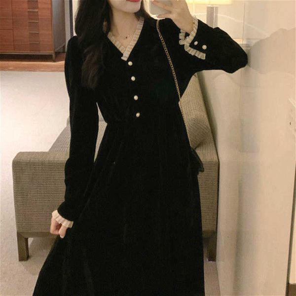 

casual dresses elegant vintage women long sleeve solid black party female v-neck lace midi gothic autumn office lady uorv, Black;gray