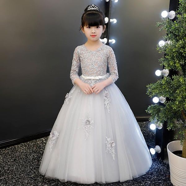 

girl's dresses gray tulle princess beads girl long children's wedding clothes kids party pageant flower evening ball gown, Red;yellow