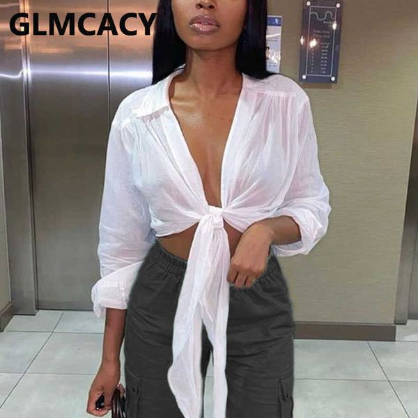 

women long sleeve tie up blouse shirts 210721, White