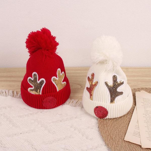 

caps & hats winter warm toddler kids woolen christmas sequins antler patterns pompom knitted hat beanie for baby girls boys, Yellow