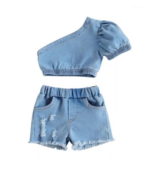 

clothing sets girl´s two piece set, kid´s single shoulder crop denim shorts with pockets for children1, White