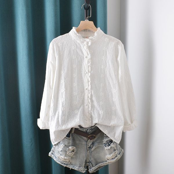 

women's blouses & shirts lamtrip sweet ruffled collar cotton surface floral embroidery long sleeve shirt blouse 2021 summer 3vqg, White