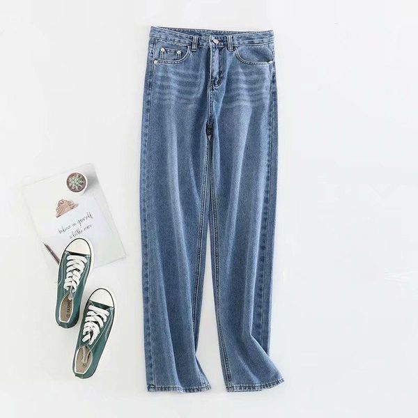 

women's jeans 2021 brand denim pants high waist cotton spandex washed quality casual straight trousers, Blue