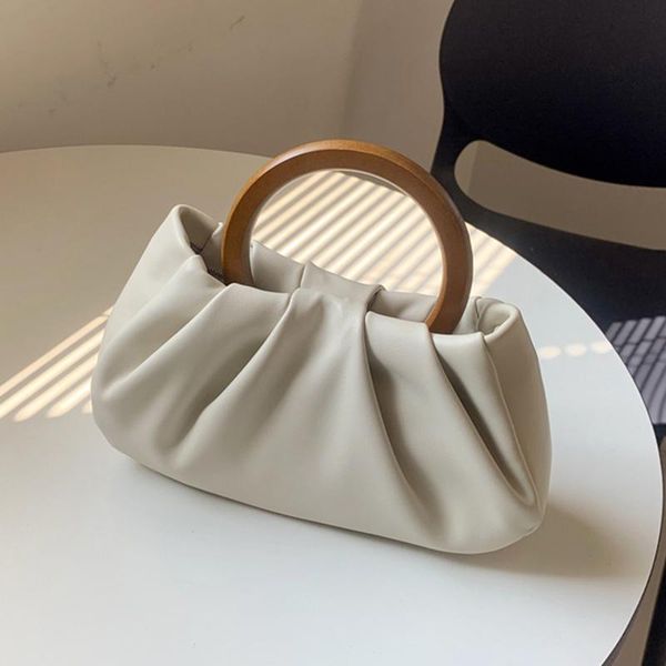 

evening bags fold cloud for women 2021 pu leather handbag luxury designer female mini dumpling pouch wooden handle