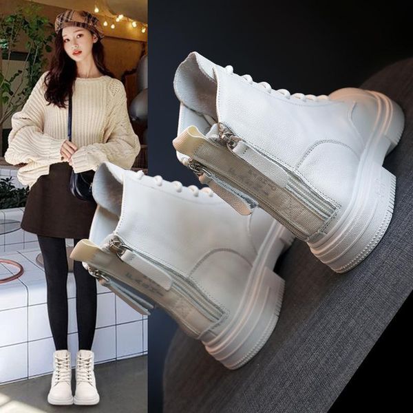 

boots leather in autumn and winter 2021 women's inner height british style versatile breathable back zipper motorcycle, Black