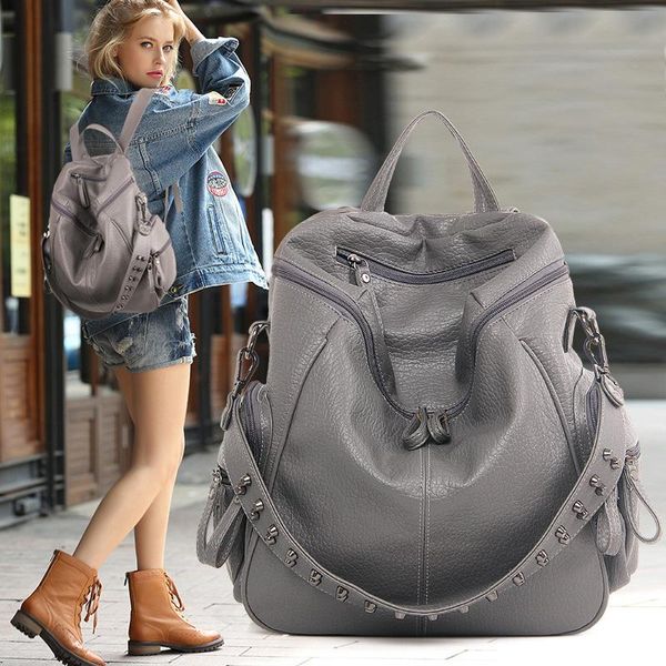 

outdoor bags fashion washed leather studs women backpack multifunctional travel