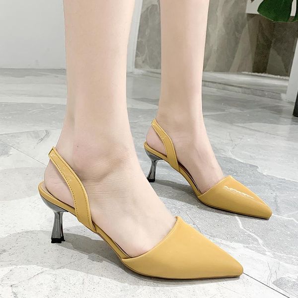 

dress shoes concise pu leather high heels women slingbacks sandals summer metal heel pointed toe office thin pumps 2021, Black