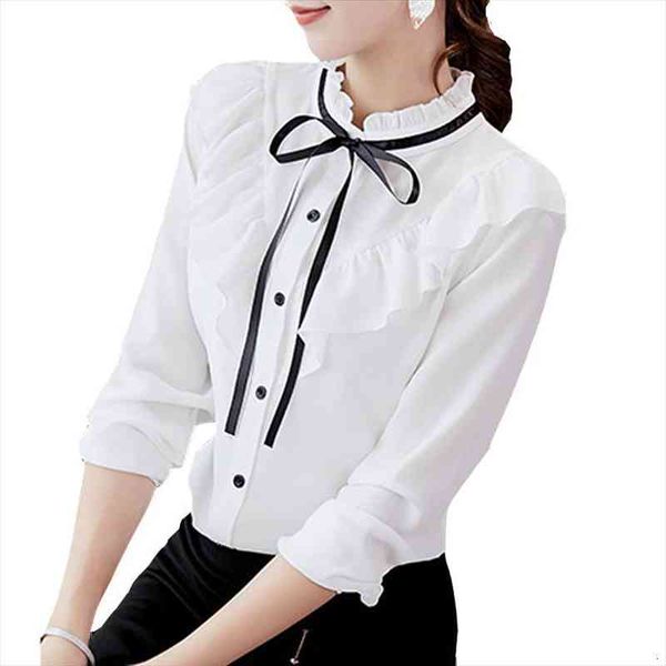 

womens spring autumn blouse long sleeve shirt korean ruffles clothing streetwear slim chiffon blouses elegant shirts, White