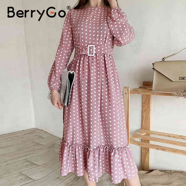 

berrygo a-line pink sashes long dress women ruffled polka dot elegant office lady vintage autumn female party vestido 210513, Black;gray