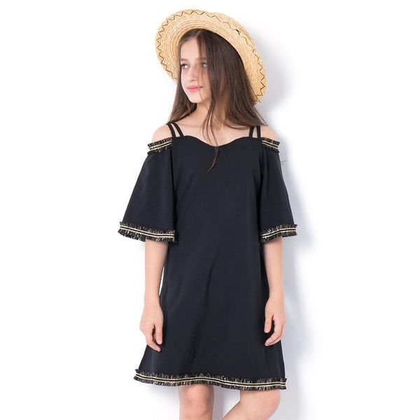 

girl's dresses girls dress 2021 black children's princess teen sequins loose a-line shouderless collar trumpet sleeves vestidos, Red;yellow
