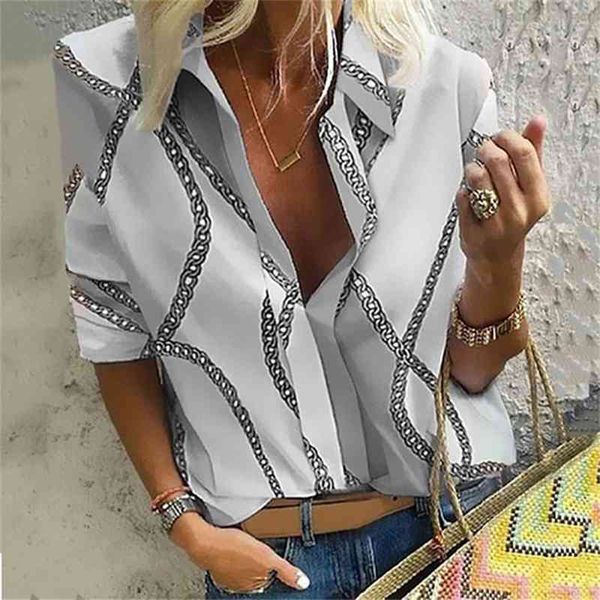 

women's t-shirt fashion oversized chain print women pullover shirt summer plus size chiffon silk office work long sleeve loose wom, White