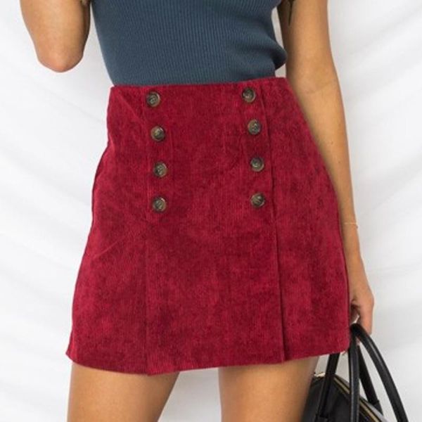 

skirts jaycosin 2021 fashion corduroy skirt women solid color double breasted short temperament a-line mini femme jupes, Black