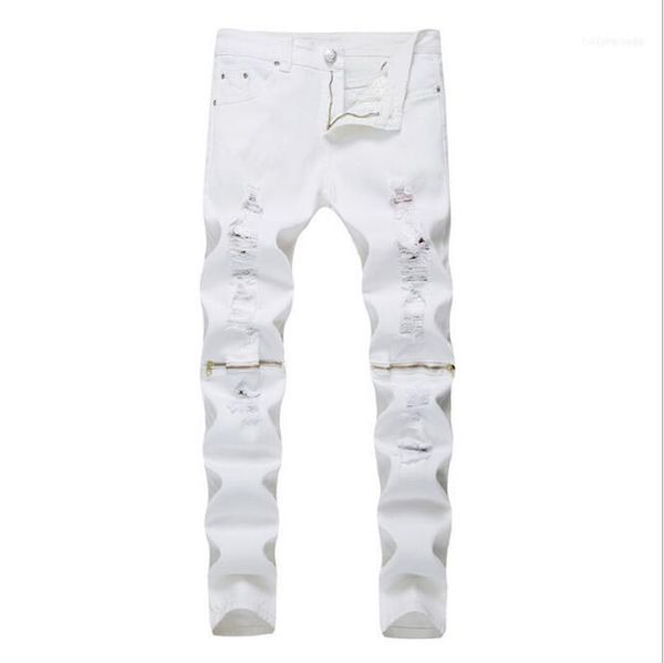 

fashion high street men's jeans zipper knee knocked ragged hole male club denim fabric elastic skinny ripped trousers11, Blue