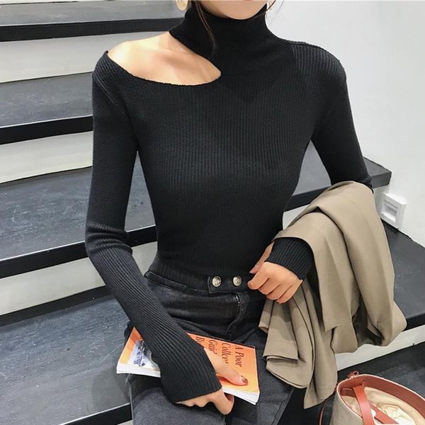 

knitted high neck womens sweater off shoulder pullovers turtleneck autumn winter basic sweaters slim fit, White;black