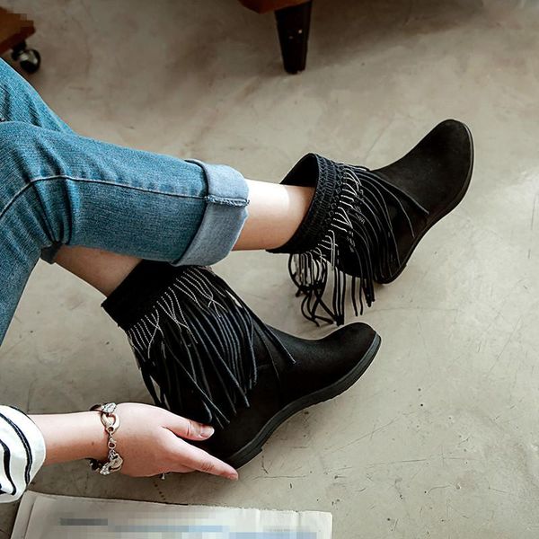 

boots ymechic womans shoes autumn red black string bead fringe ankle plus size fashion ladies booties height increasing