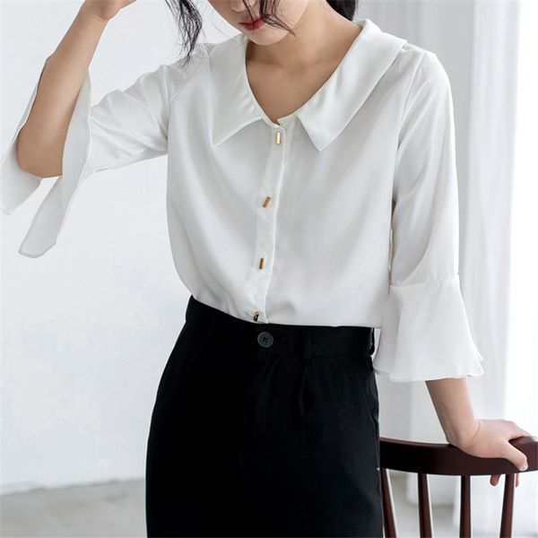 

chic fairy satin flare sleeves fashion shirt gentle thin all match high street solid brief women loose shirts 210421, White