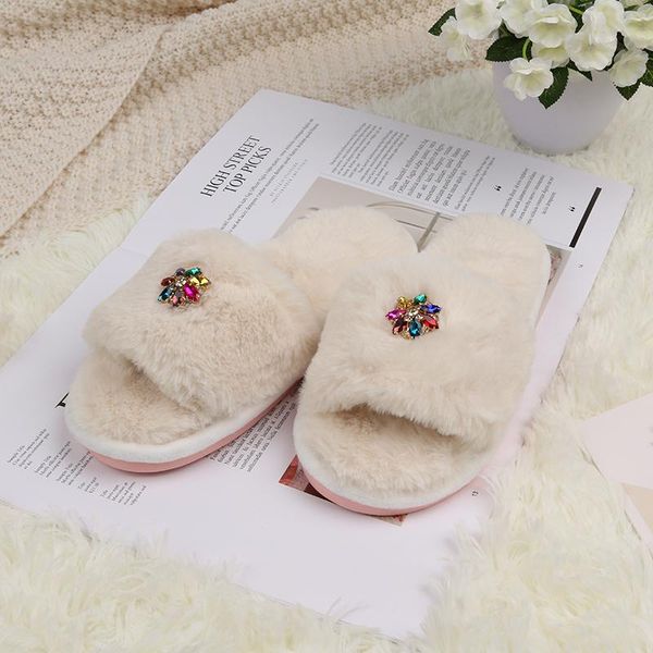 

slippers mljufee women faux fur fluffy winter short plush crystal white color string bead fuzzy cozy bedroom home furry, Black