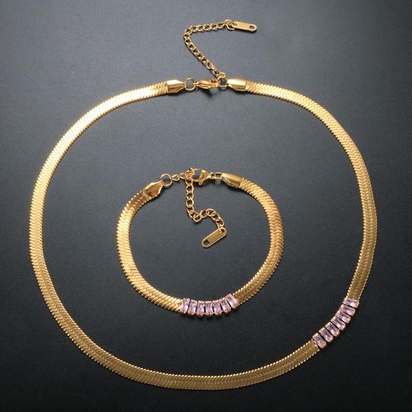 

earrings & necklace trend minimalist square cz color zircon blade chain ladies collar fashion snake bracelet jewelry set gift, Silver