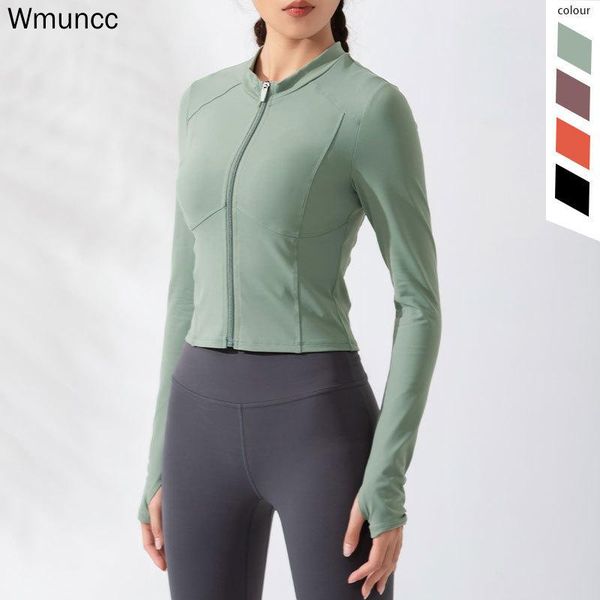 

yoga outfits women sport jacket long sleeve elastic slim shirt front zipper splice running with thumb holes solid quick dry, White;red