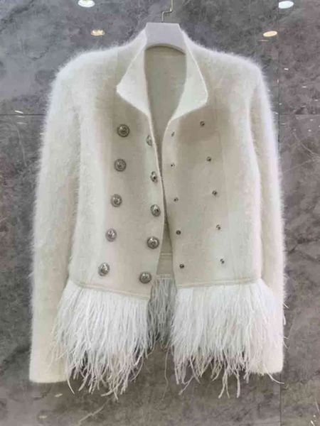

women's jackets twotwinstyle temperament patchwork feather coat for women stand collar long sleeve casual white female fashion fall uks, Black;brown