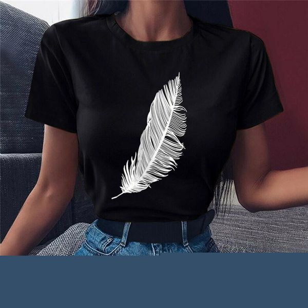 

women casual harajuku fashion t-shirt feather print loose o-neck short sleeve elastic stretched summer home tee shirt women's, White