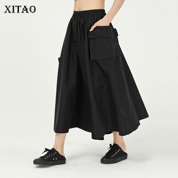 

skirts xitao loose plus size women elastic waist patchwork vintage irregular pocket pants spring summer fashion dmy4816, Black