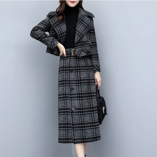 

women's skirt set autumn and winter woolen plaid suit jacket short paragraph casual high waist two-piece 210527, White