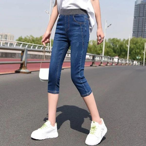 

women's jeans 2021 women summer plus size skinny high waist seven capris female casual pencil pants stretch denim trousers z290, Blue