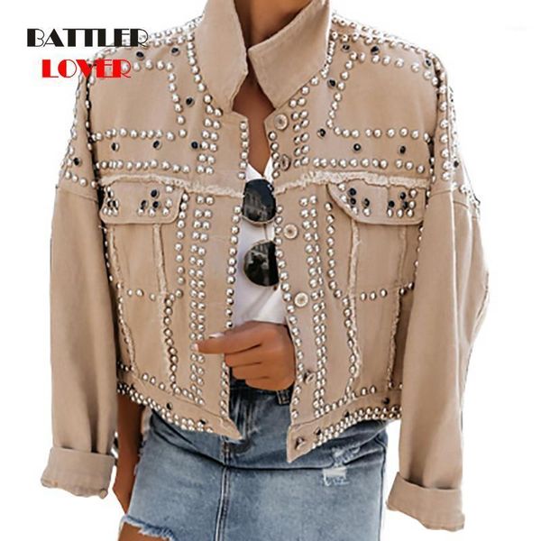 

hand studded rivet denim jacket women loose short jackets for female hip hop steampunk basic coat ladies streetwear women's, Black;brown