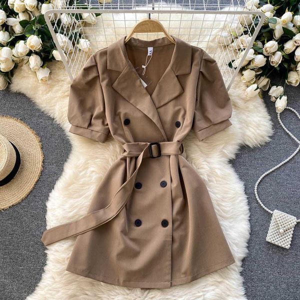 

women's trench coats net red wear with light mature style 2021 fashion temperament suit collar age reducing bubble sleeve dress, Tan;black