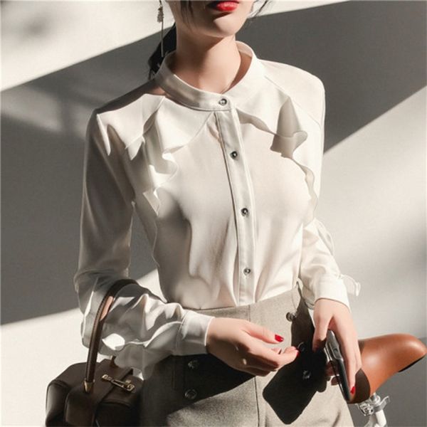 

autumn korea fashion women long sleeve white shirt office lady stand collar chiffon ruffles shirts female blouses s115 210512