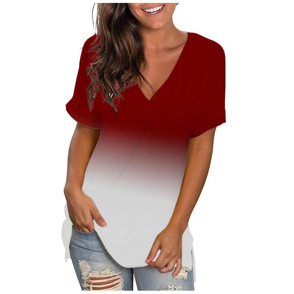 

women's t-shirt summer women gradient color short sleeve flowy casual tee casaul v-neck harajuku shirts polera #g2, White