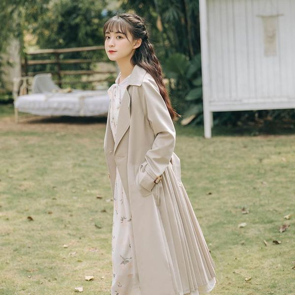 

early autumn korean style loose temperament over the knee small mid-length windbreaker women's coat jacket trench coats, Tan;black