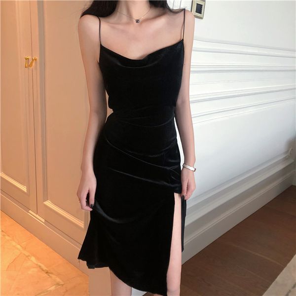

2021 brand new women dress spaghetti strap slit velvet black dress bodycon bandage dress midi party vestidos verano, Black;gray