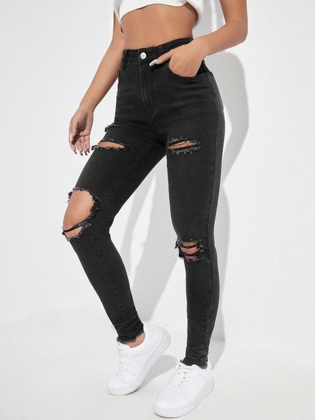 

high waisted ripped raw hem skinny jeans 82mq#, Blue