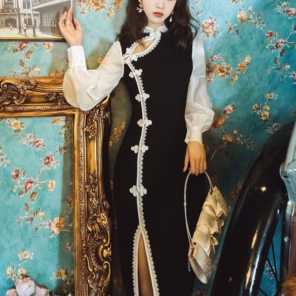 

autumn fashion retro slim lace stitching waist temperament improved cheongsam dress ethnic clothing, Red