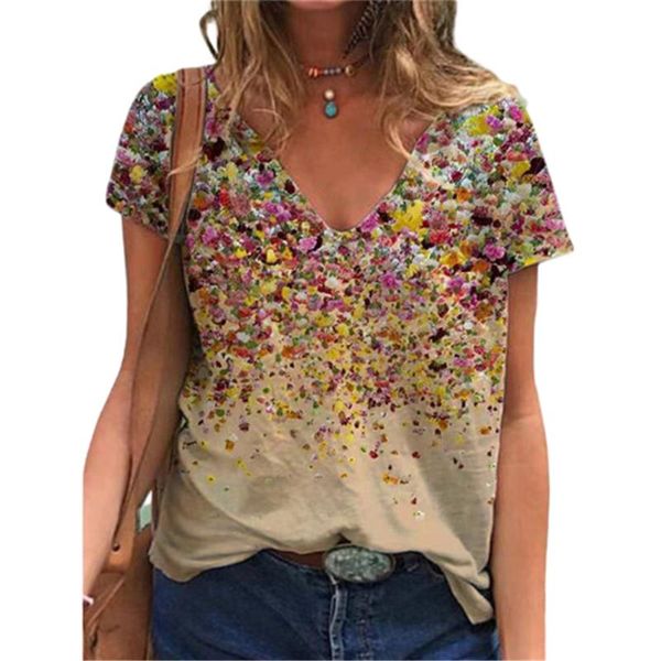 

women's t-shirt women clothing 2021 summer oversized 5xl casual short sleeve v-neck loose floral print t shirt plus size ladies tee to, White