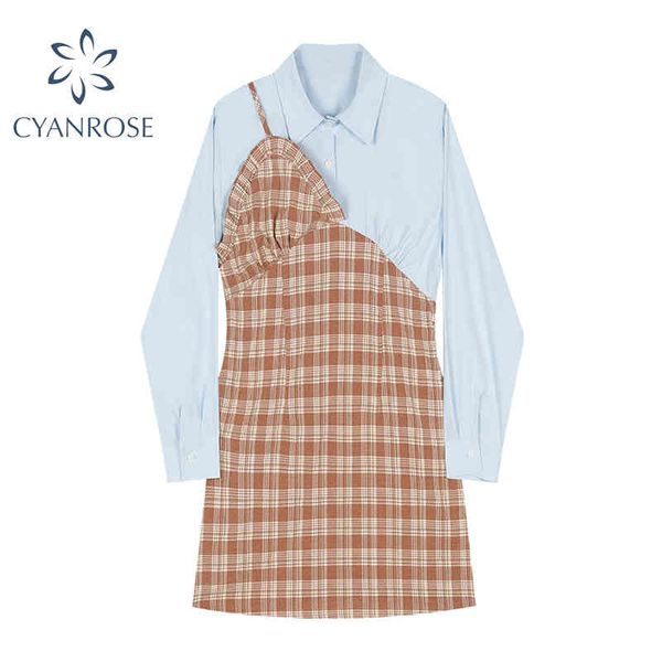 Neue Bluse Hemd Kleid Frauen Plaid Gestellte Gespleißt Mini Kleider Weibliche Lange Hülse Vintage Koreanische Chic Ausgestattet Vestidos Dame 210417