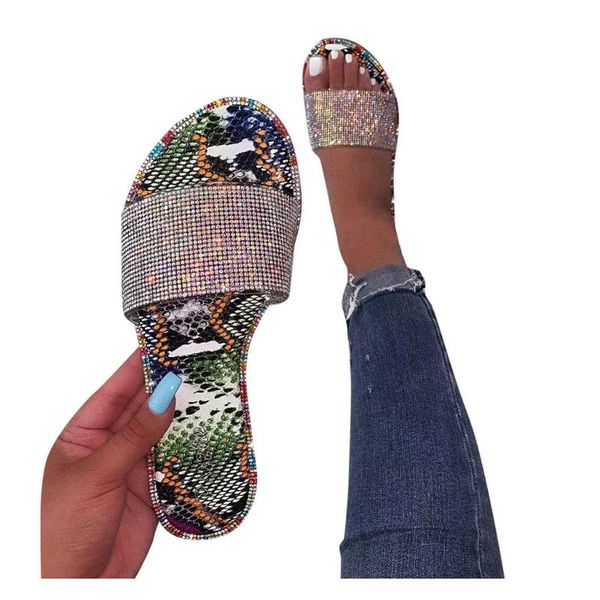 

outdoor womens snake print flats slippers open toe light shoe casual beach walk sparkling diamond sandals 2021, Black
