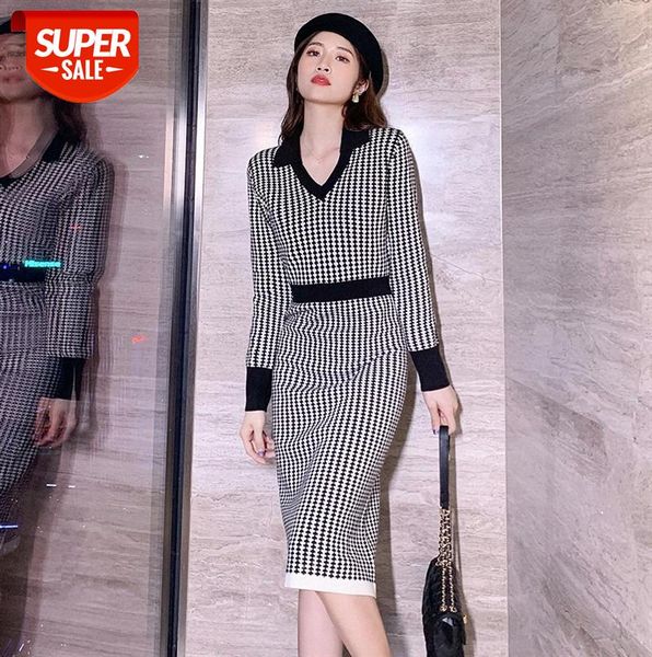 

trench coat inside dress, elegant temperament houndstooth v-neck knitted long hip skirt trendy #ep49, Black;gray