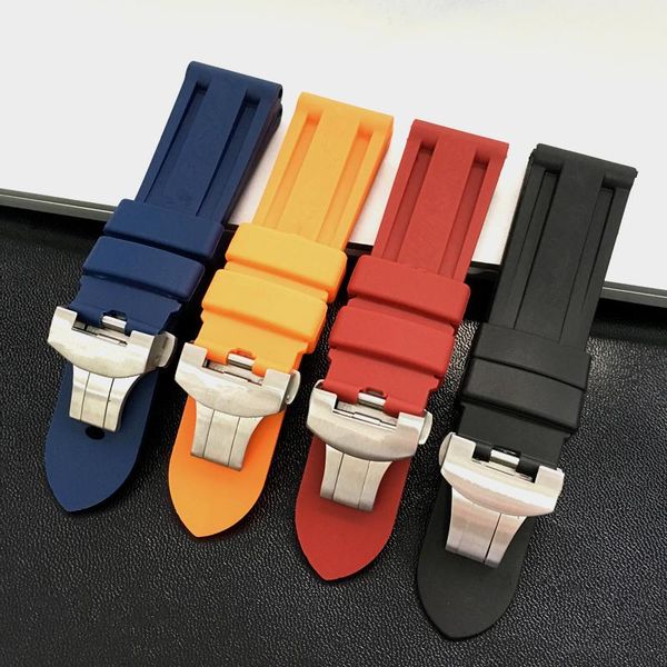 

watch bands merjust 22mm 24mm black orange blue red silicone rubber whatchband for pam 44mm case strap with butterfly buckle engraving, Black;brown