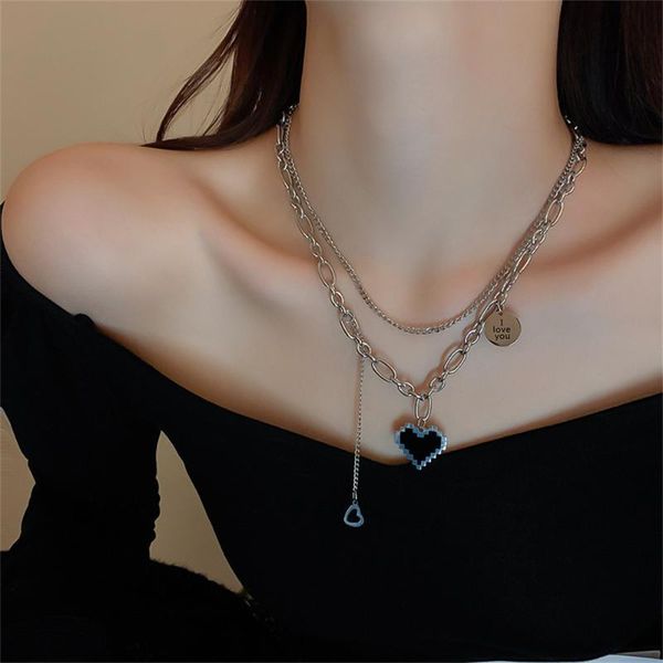 

pendant necklaces elegant punk heart necklace for female heavy metal choker multi layered chain party jewelry accessories gift, Silver