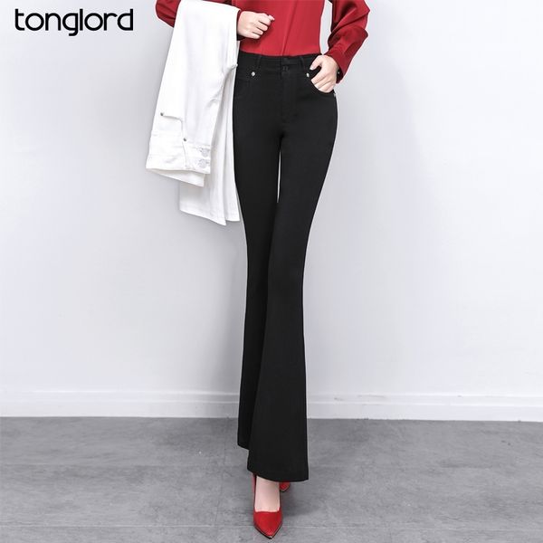 

spring ol style flare pants retro solid high waist double button elastic women pant female slim long trouser mujer pantalon 210514, Black;white