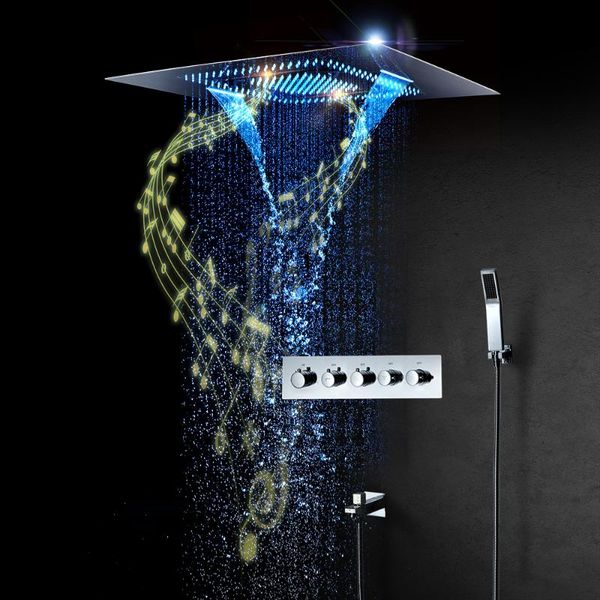 

music shower system led head 800*600mm bathroom faucet ceiling rain panel bath tap thermostatic concealed mixer sets