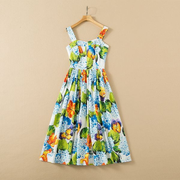

european and american women's wear spring 2022 new condole belt sleeveless hydrangea print fashionable pleated cotton dress, Black;gray