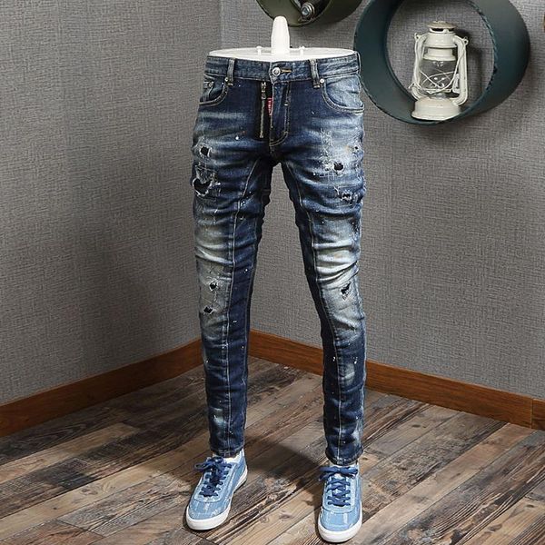 

men's jeans italian style fashion men retro blue elastic slim fit ripped patch painted designer hip hop denim punk pants